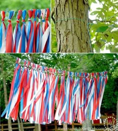 red, white and blue streamers hanging from a tree