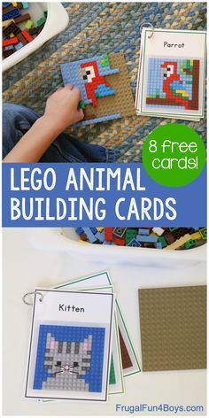 lego animal building cards with instructions for kids to make them look like they are playing