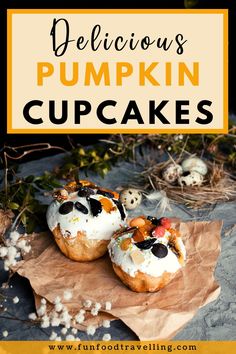 delicious pumpkin cupcakes with white frosting and sprinkles on top