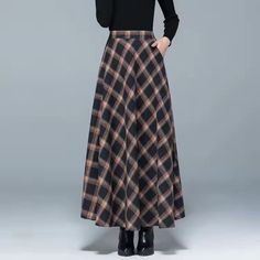 Wool Maxi Skirt, Winter Maxi, Style Transformation, Ankle Length Skirt, Wool Skirt, Wool Skirts, Flared Skirt, Plaid Skirts, Wool Plaid