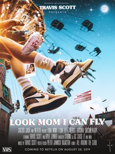 a poster for the movie look mom i can fly with an image of a person in mid air