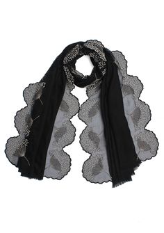 Woven from a very fine cashmere, this black scarf is lined with contrasting ivory pearl embroidery on tonal black organza panels with scallopped edging on the long sides and wispy eyelash finges on the short ends. A very unique style that can add the glam factor to any outfit - day or night - year-round. Soft, chic and cozily warm, a must-have for any discering woman. Black Embroidered Silk Shawl, Elegant Black Silk Scarves, Elegant Winter Dupatta Scarf, Black Silk Wedding Shawl, Elegant Black Dupatta Shawl, Elegant Party Shawl With Dupatta, Black Embroidered Shawl For Wedding, Black Dupatta Shawl, Black Wedding Shawl Scarf