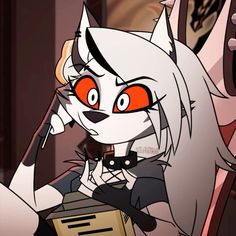 an anime character with red eyes and white hair, holding a box in her hand