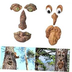 four different pictures of trees with eyes and noses