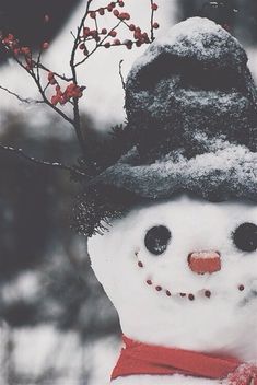 a snowman with a red scarf and hat on it's head standing next to a tree