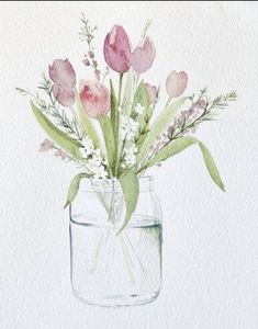 a watercolor painting of pink flowers in a mason jar on a wooden table top