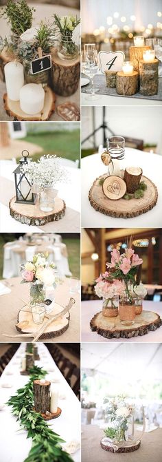 several different pictures of wooden trays with flowers and candles in them on top of each other