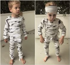 two pictures of a young boy wearing pajamas and headbands, one in the process of being dressed up