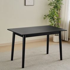 a black table sitting on top of a carpeted floor next to a potted plant