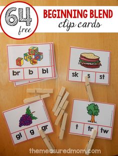 the beginning blend clip cards are shown with pictures of food and words on them,