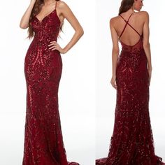 Beautiful Pre-Loved Alyce Sequin Prom Dress Cherry Red 61129 Feel Like A Million Bucks In This Gorgeous Long Slim Fitting Formal Gown Designed By Alyce Paris. 61129, Showcases A V Neckline, Thin Straps That Clip Onto The Sides Creating A Crisscross Back. The Entire Gown Is Adorned With Sequined Detail Pattern. A Train That Will Sway With You Size: 0 Bust 32/34b Minimum Stretch Per Website Back Style: Crossed Straps, Low Open, Sheer, Zipper Up Embellishment: Sequins Fabric: Sequined Feature: Open Red Tight Prom Dresses, Burgundy Prom Dress Long Fitted, Beaded Prom Dress Fitted, Cherry Red Prom Dress, Long Dark Red Dress, Dark Red Prom Dress Long, Red Sequin Dress Long, Senior Prom Dresses Long, Red Formal Dress Long