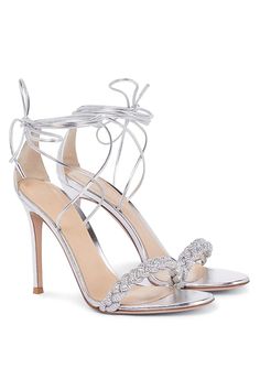 Silver Lace Up High Heels Gianvito Rossi Heels, Braided Leather Sandals, Silver High Heels, Lace Up High Heels, Elegant High Heels, Prom Heels, Gucci Sneakers, Silver Lace, Peep Toe Sandals