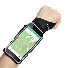 the armband is holding an electronic device in it's right hand, with a map on it