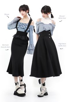 Blue Blouse / Black Mermaid Overalls Skirt / Blue Blouse And White Vest Set / Black Skirt Asian Long Skirt Outfits, Half Pants Half Skirt, Stylized Outfits, Casual Harajuku, Blouse Drawing Reference, Punk Woman Outfit, Waist Up Poses Drawing, Casual Japanese Fashion, Cool Female Outfits