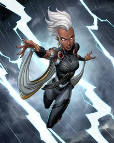 an image of a woman flying through the air with lightning in the background and clouds behind her