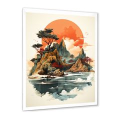 an art print on canvas of a landscape with trees and rocks in the ocean at sunset