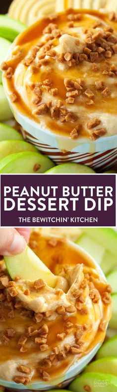 the peanut butter dessert dip is ready to be eaten with an apple slice on top