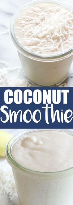 two bowls filled with coconut smoothies on top of a table