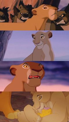 the lion king and other animated characters are shown in three different pictures, each with their own name