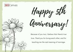 an anniversary card with daisies and the words happy 5th anniversary written in black ink