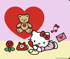 a hello kitty wallpaper with a heart and teddy bear