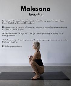 a woman sitting on a yoga mat in front of a sign that says,'maasana benefits '