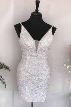 Glitter White Sequins Bodycon Mini Party Dress White Sequin Dress Short, Tight Hoco Dress, White Hoco Dress, White Sequin Dress, Hoco Dresses Short Tight, Sequin Dress Short, Cute Homecoming Dresses, Mini Party Dress, Hoco Dresses Short