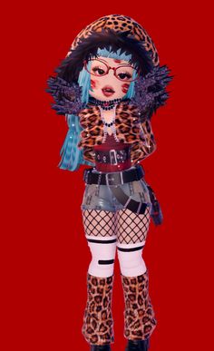 a woman with blue hair and glasses wearing leopard print clothes, tights and boots