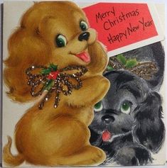 a christmas card with an image of a dog and a cat holding a sign that says merry christmas, happy new year