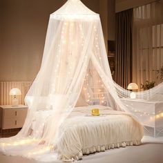 a bed with a white canopy and lights on it