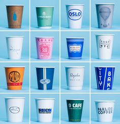 many different types of coffee cups are shown in this collage with blue and white background