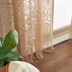 two curtains with fringes are next to a potted plant