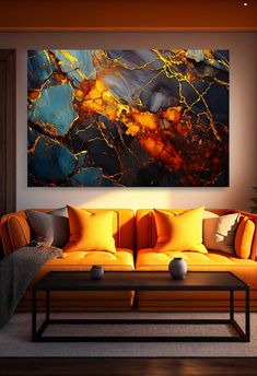 a living room with an orange couch and large painting on the wall above it's coffee table