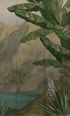 an image of a painting with plants and mountains in the background