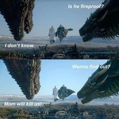 two people walking in front of an enormous dragon and another man on the other side