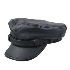 a black leather hat on a white background