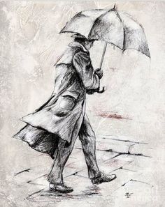 a drawing of a man walking with an umbrella