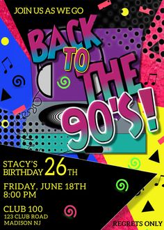 the back to the 90's party flyer is shown in black, yellow and purple