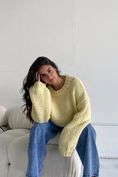 Matilda Djerf Style, Pullover Outfit, Matilda Djerf, Chunky Knit Sweater, Super Chunky, Yellow Sweater, Chunky Knits Sweater, Fall Winter Outfits, Matilda