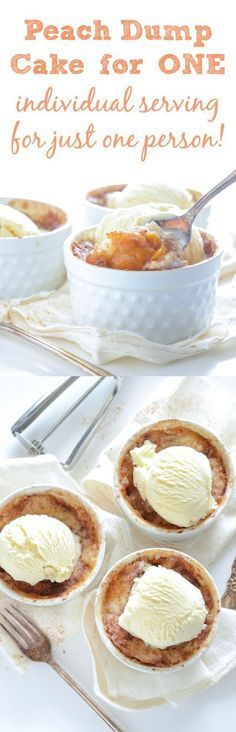 peach dump cake for one individual serving for just one person with text overlay that reads peach dump cake for one individual serving for just one person