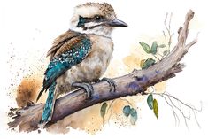 a watercolor painting of a bird sitting on a tree branch with leaves around it