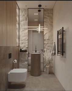 a modern bathroom with stone walls and flooring