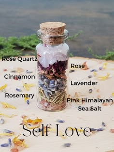 Self love spell jar photo with labels of what is inside- rose quartz, rose, Cinnamon, Lavender, Rosemary, pink Himalayan sea salt Spell Jars For Love, Hope Spell Jar, Self Love Spell Jar Recipe, Self Confidence Spell Jar, Love Spell Jar Ingredients, Self Love Jar Spell, Love Spell Jar Recipe, Things To Put In Jars, Witch Jars Spells