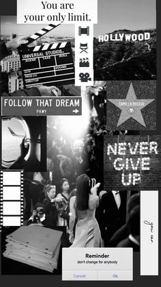 a collage of black and white images with the words, you are your only limit follow that dream never give up