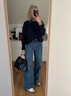 Mum School Run Outfit, Sambas And Jeans Outfit, Midsize Trench Coat, Country Club Fall Outfit, Denim Jean Outfits For Women, Fall Jeans And Sneakers Outfit, Adidas Samba Outfit Autumn, Black Long Sleeve And Jeans Outfit, Sambas Jeans Outfit