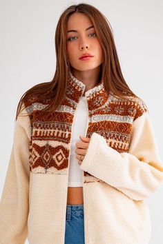 Sherpa sweater zip up Aztec print crew neck runs tts White Jacquard Knit Sweatshirt For Fall, Cozy Crew Neck Fleece Jacket For Fall, Cozy Fleece Jacket With Crew Neck, Cozy Crew Neck Fleece Jacket For Winter, Cozy Crew Neck Fleece Jacket, Aztec Clothes, Cuddle Season, Zip Up Design, Sherpa Sweater