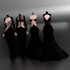 three mannequins in black and white gowns with sheer - cut tops