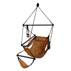 a hanging chair that is made out of wood and metal