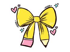 a yellow pencil with a big bow on it's head and hearts around it