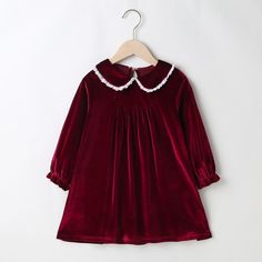 Girls Long Sleeve Doll Collar A-line Dress Wholesale Girl Dresses - PrettyKid Spanish Baby Clothes, Girls Velvet Dress, Velvet Holiday Dress, Black Collared Dress, Peter Pan Collar Dress, Doll Collar, Velvet Lace, Wholesale Dress, Toddler Girl Dresses